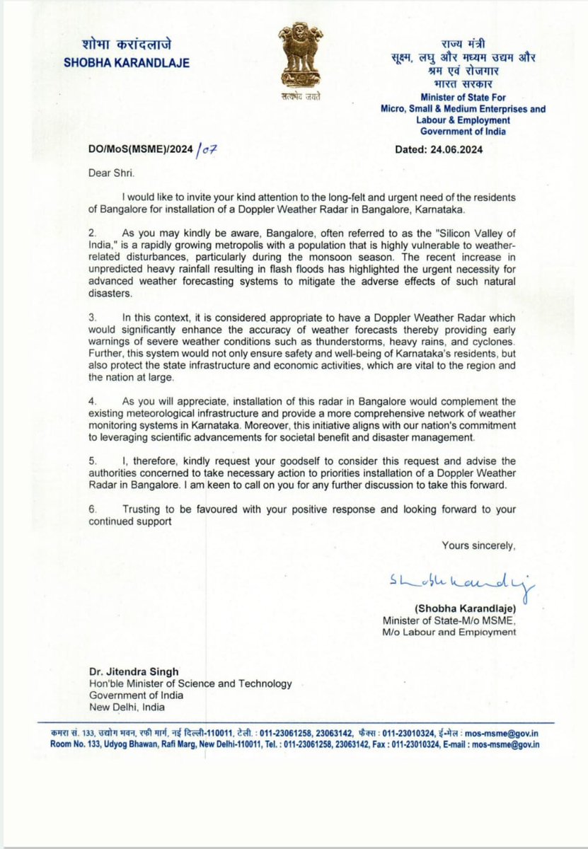 Shobha Karandlaje (@shobhabjp) on Twitter photo Bengaluru, we've all been there - stuck in traffic, wading through flooded streets, & wondering when the rain will stop. But what if we could predict & prepare for those torrential downpours? I've written to <a href="/DrJitendraSingh/">Dr Jitendra Singh</a>,Hon'ble Union Minister for Science & Technology..
1/3 Bengaluru, we've all been there - stuck in traffic, wading through flooded streets, & wondering when the rain will stop. But what if we could predict & prepare for those torrential downpours? I've written to <a href="/DrJitendraSingh/">Dr Jitendra Singh</a>,Hon'ble Union Minister for Science & Technology..
1/3