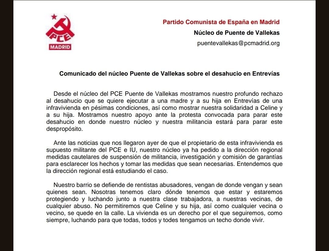 PCE_Vallekas's tweet photo. Comunicado ante el desahucio en Entrevías https://t.co/PktE1v8shx