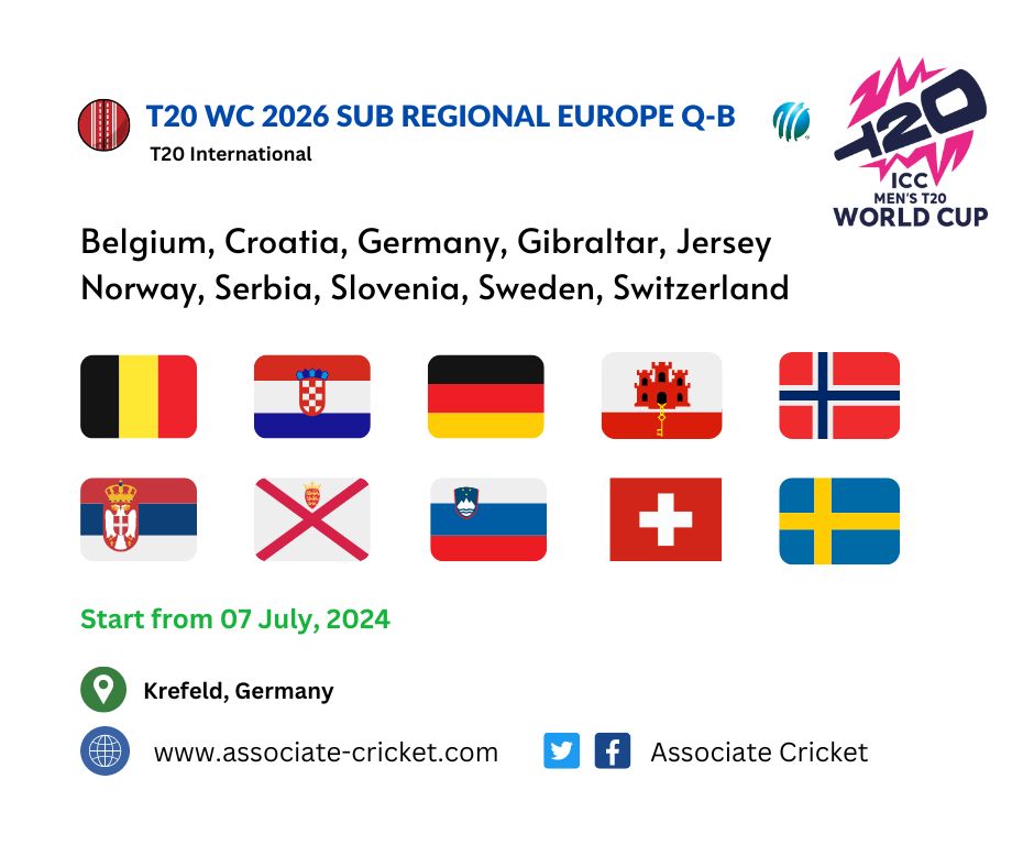 associate_cric's tweet photo. 2026 ICC Men's T20 World Cup 🏆 
Europe Sub-Regional Qualifier B

📍 Germany (July, 2024) https://t.co/qmgw72CyMz