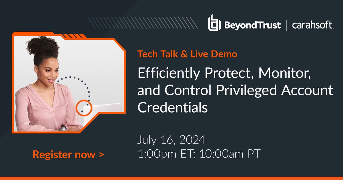 BeyondTrust's tweet image. JULY 16: Join this interactive Tech Talk and Live Demo alongside Carahsoft to understand how BeyondTrust’s Password Safe solution can help you close your security gaps, control access, and gain full visibility.

carahevents.carahsoft.com/Event/Register…

#PrivilegedAccess #DevOps #IdentitySecurity