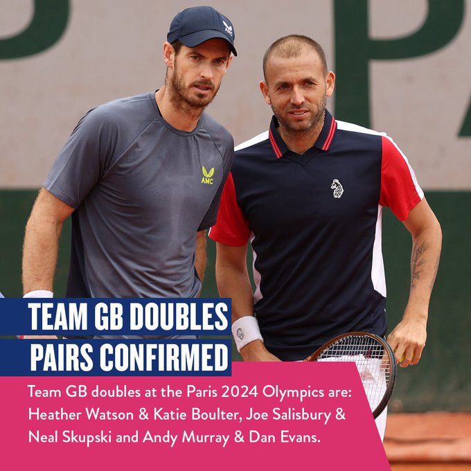 Graphic showing that Team GB doubles pair at Paris 2024 Olympics are Heather Watson & Katie Boulter, Joe Salisbury & Neal Skupski and Andy Murray & Dan Evans