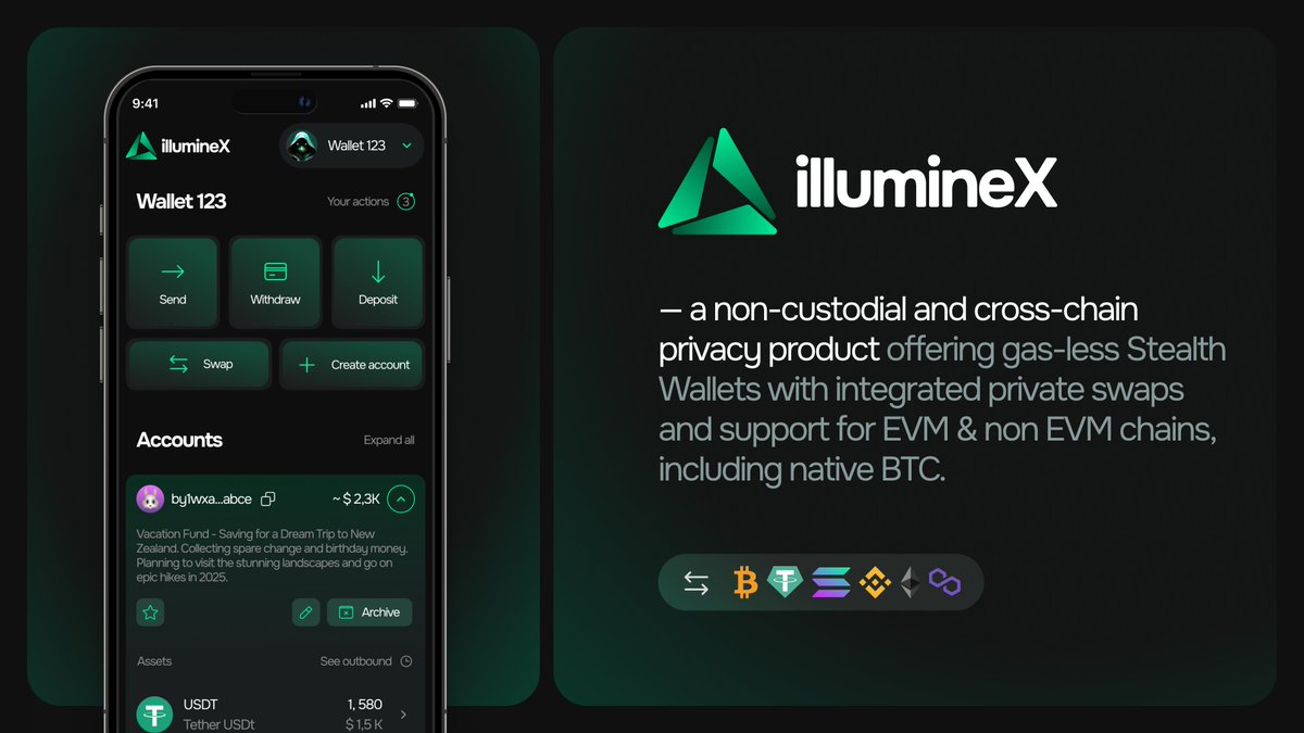 We're getting closer and closer... 👀

With the next release coming this summer (the V2), illumineX will become a cross-chain privacy wallet with native and non-EVM assets supported such as Bitcoin, Solana, Tron 🗓️

Imagine Railgun but with way better UX and non-EVM assets! 🥷