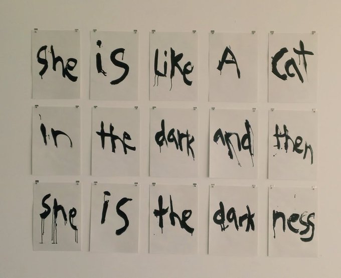 womensart1's tweet photo. Musician (Sonic Youth) and artist Kim Gordon, 
She is the darkness, 2010 
(featuring lyrics by #StevieNicks) #WomensArt https://t.co/IPau1AiEdA