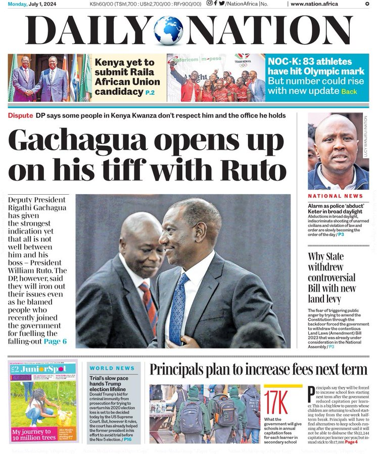 standard_ngr's tweet photo. 5. Business Daily
- How Kenya paid Sh197bn interest on debut Eurobond
6. Daily Nation
- Gachagua opens up on his tiff with Ruto
- Kenya yet to submit Raila African Union candidacy
Tags: #OccupyingChurches I #occupyparliamet I #occupyparliment I Gen Z I England I #LUTHISDARK https://t.co/MYx9tEQn67