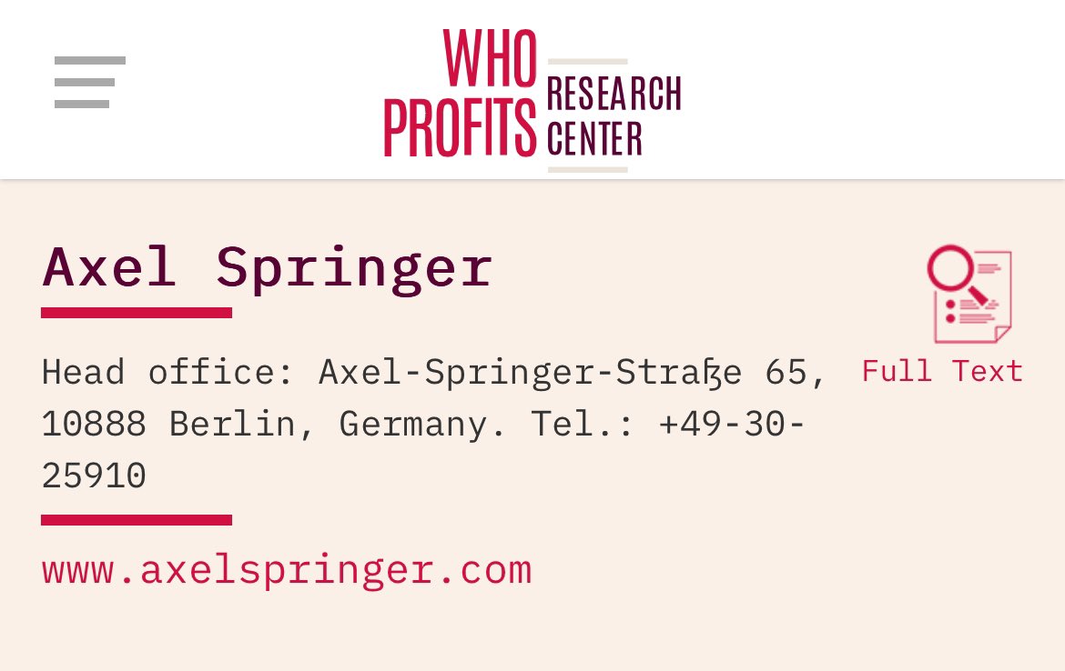 hahauenstein's tweet image. Happy to report that @Who_Profits has followed up on my @theintercept research regarding Axel Springer's involvement in illegal sales and rentals of homes and land for Israeli settlers in the occupied Palestinian West Bank.
whoprofits.org/companies/comp…