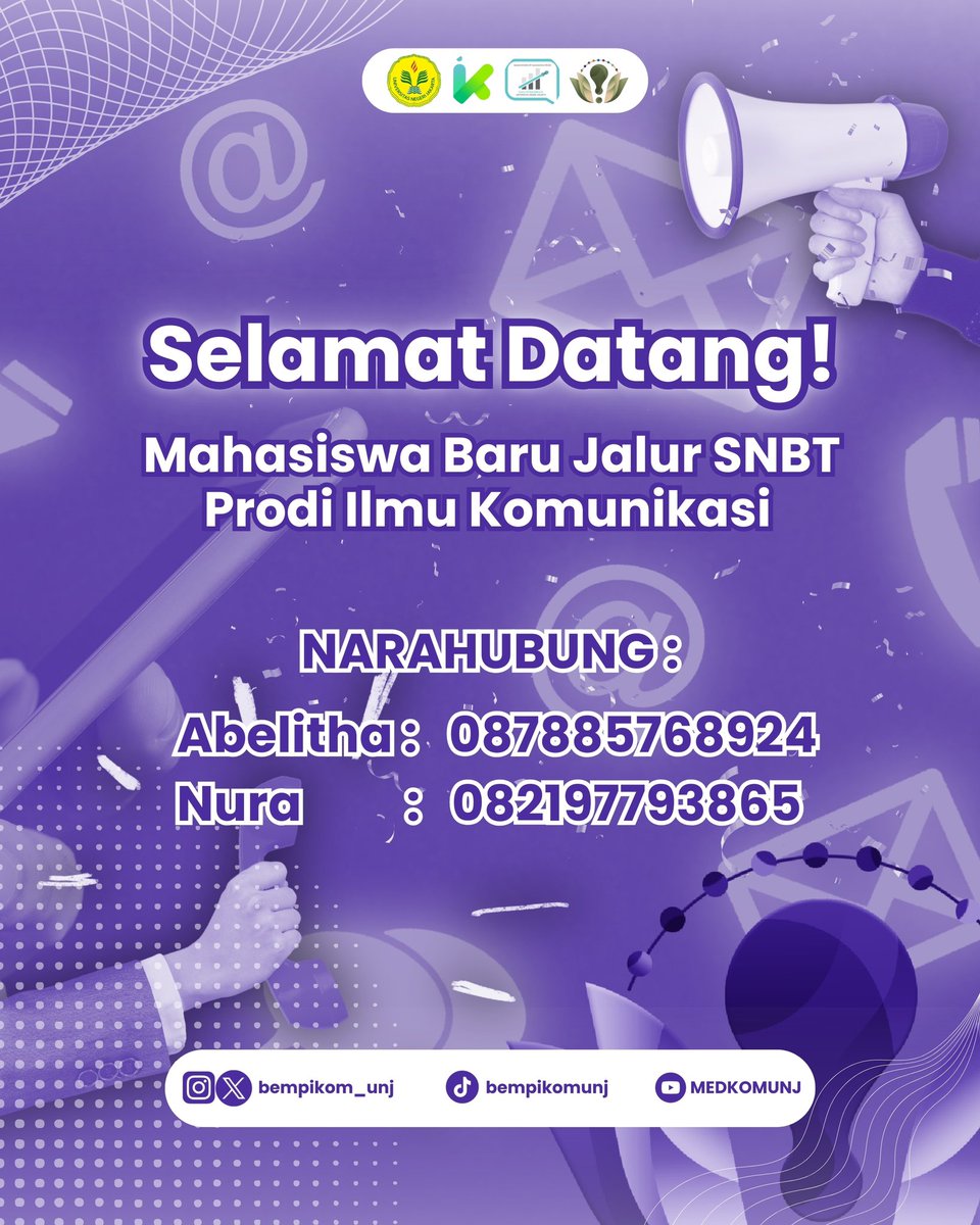 BEMP_IKOMUNJ's tweet photo. Halo Ikomers!

Selamat datang kami ucapkan kepada teman-teman Calon Mahasiswa Baru Ilmu Komunikasi UNJ jalur SNBT!✨️

Teman-teman diharapkan untuk melakukan lapor diri kepada Narahubung SNBT yaa!

Contact Person :
Abelitha (087885768924)
Nura (082197793865) https://t.co/WkFjdUJljH