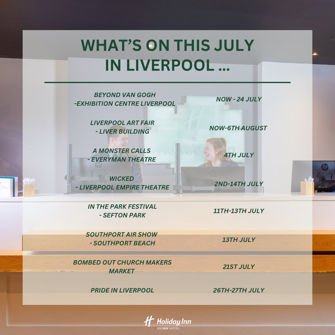 Get ready for an incredible start to the summer holidays!!☀️

Liverpool is bursting with amazing events, including exhibitions, shows, markets, and music festivals in July ❤️🎶🎭

#holidayinn #holidayinnliverpool #experienceihg #whatsonliverpool #liverpool #citybreak