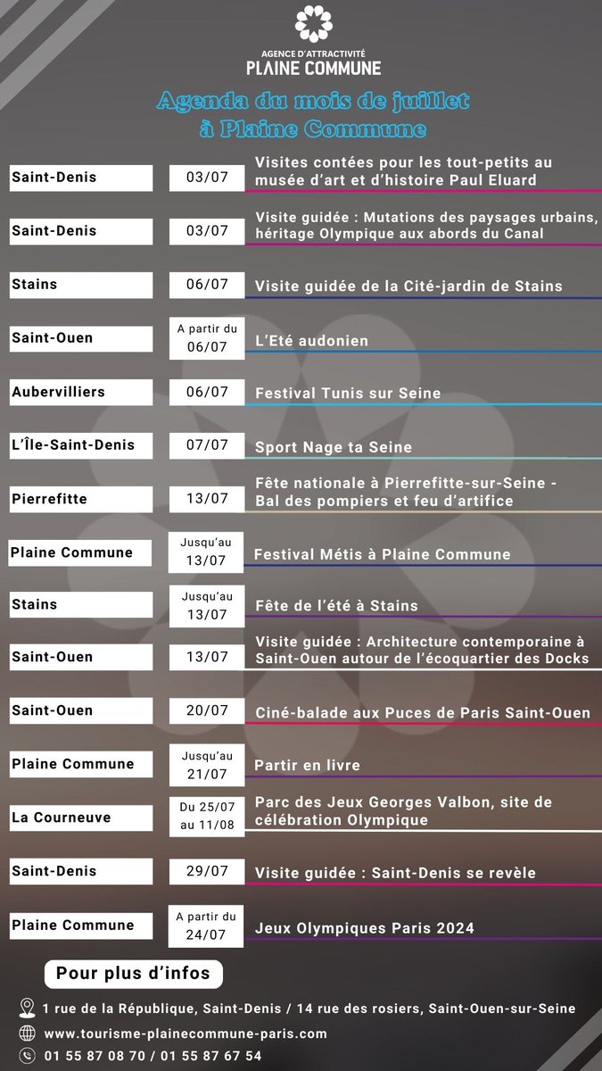 Agenda du mois de Juillet à <a href="/PlaineCommune/">Plaine Commune</a> ! 

La période estivale est là, et avec elle, le foisonnement des festivités dans nos communes. Découvrez toutes les activités et événements qui animent notre territoire.  

Plus d'infos➡️ bit.ly/agendaoti 

Bon mois de Juillet !