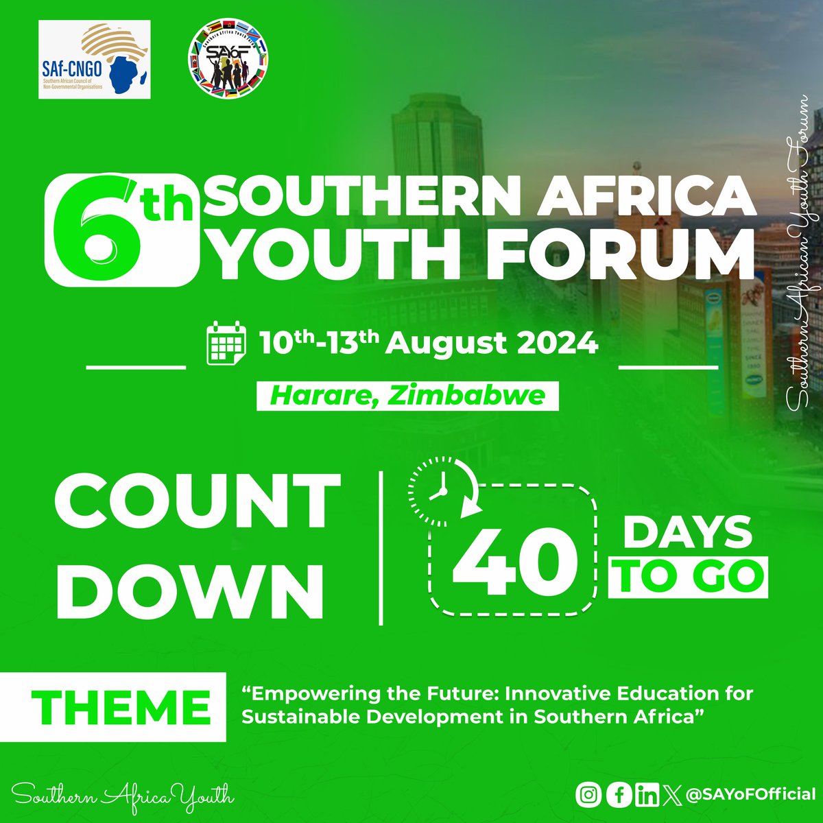 SAYoF_DISABLITY's tweet photo. 📢📢Let the #CountDown begin‼️

📌 6️⃣th Southern Africa Youth Forum 

📍Harare, Zimbabwe 🇿🇼

4️⃣0️⃣ Days To Go ⌛

#SouthernAfricaYouth #6thSouthernAfricaYouthForum https://t.co/ycqhXbIMkN