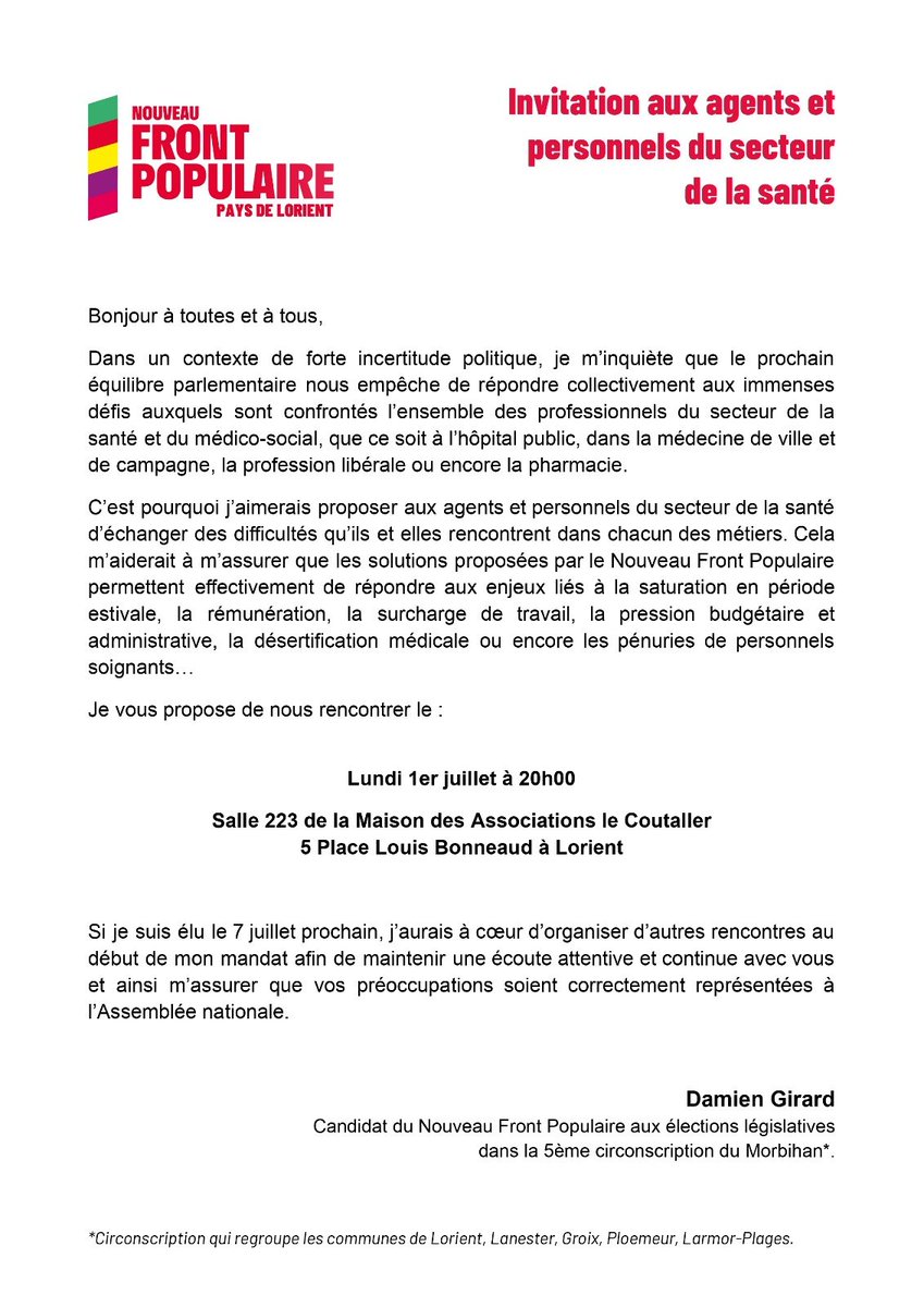 Invitation aux agents et personnel du secteur de la santé.
Ce soir à 20h00, Maison des associations Le Coutaller, Salle 223 
#NFP #Lorient #LarmorPlage #Ploemeur #Lanester #Groix