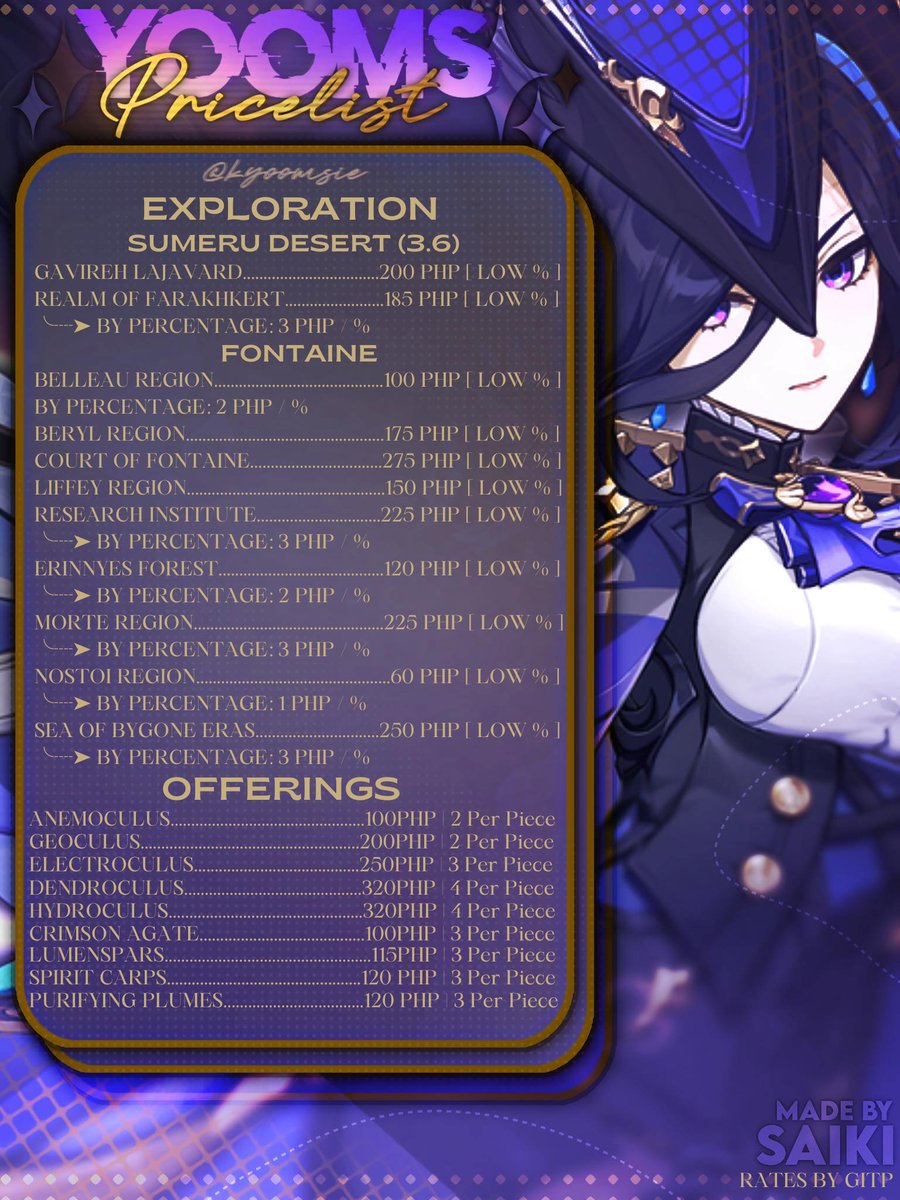 kyoomsie's tweet photo. 🪼⋆.ೃ࿔*:･ Below is an extended pricelist of my services! Feel free to message me if you'd like to avail, reserve a slot or if you have a request that is not on the menu. Please @ in the replies so I can get back to you asap! >ᴗ<

𓂃 ࣪˖ ִֶָ𐀔 Exploration &amp; Offerings https://t.co/KMB8epbFpB