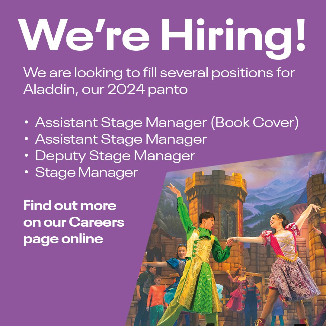 NorwichTheatre's tweet photo. We're hiring for our 2024 panto, Aladdin!🎉
✨ Assistant Stage Manager (Book Cover)
✨ Assistant Stage Manager
✨ Deputy Stage Manager
✨ Stage Manager

Don't miss your chance to be part of this magical experience!🤩
🔗 https://t.co/kknKJWr6OR https://t.co/olEFg14rK5