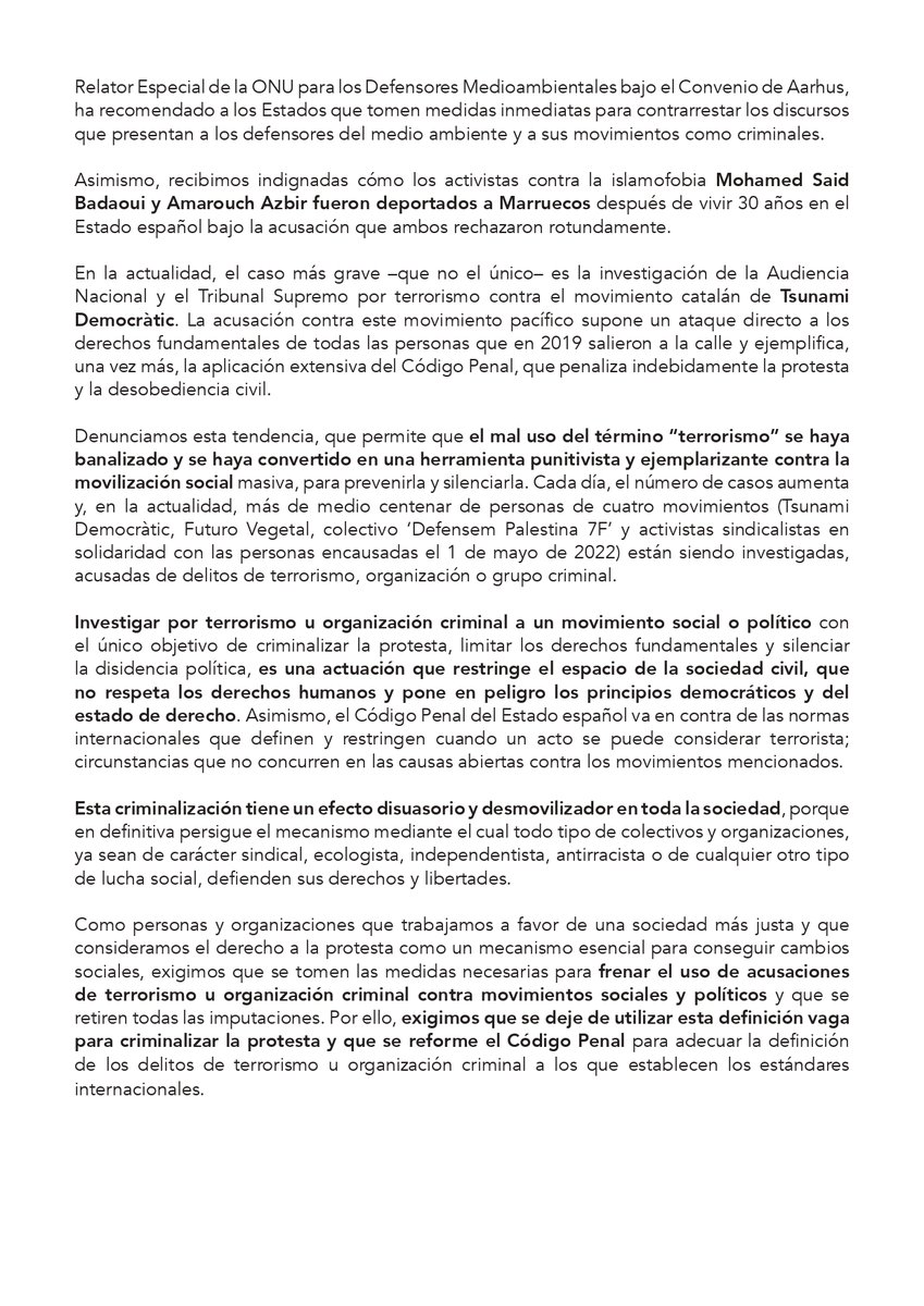 En el 9 aniversario de las #LeyesMordaza, 9 organizaciones denunciamos: #ProtestarNoEsTerrorismo.  

➕El mal uso del término “terrorismo” u “organización criminal” se ha convertido en una herramienta contra la movilización.

Exigimos la reforma de estos delitos del #CódigoPenal.