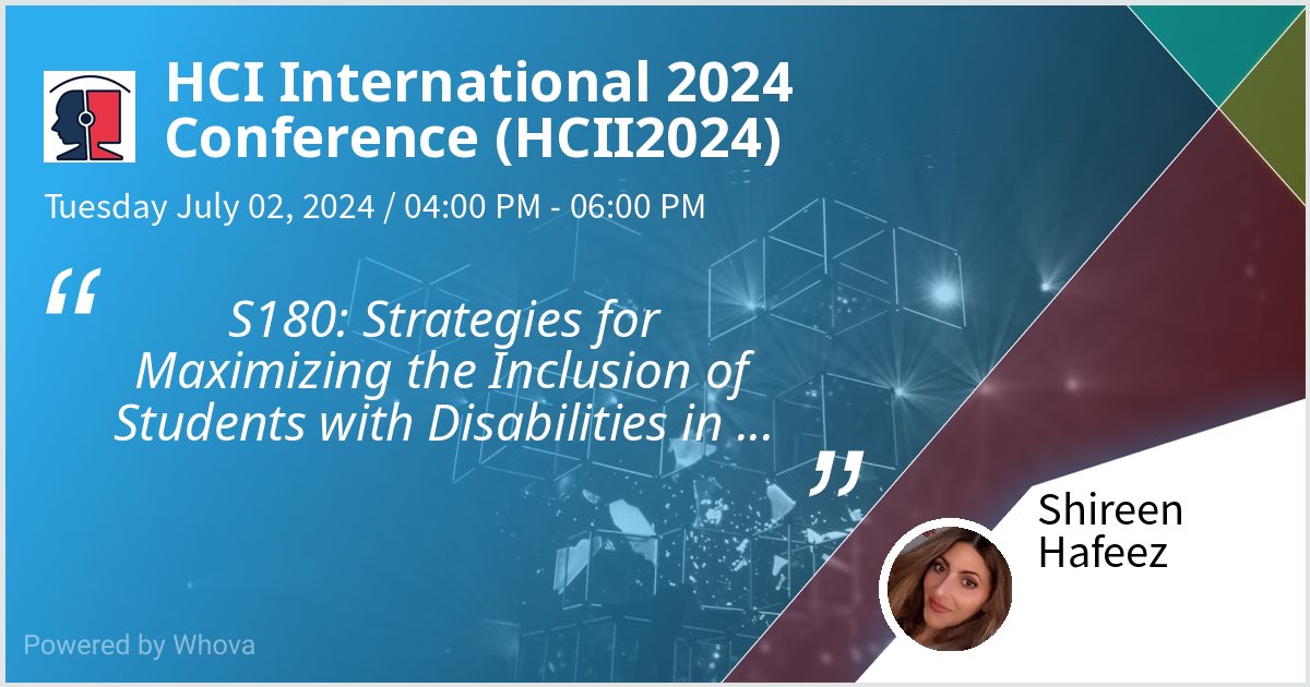 Giving a talk at HCI International 2024 Conference (HCII2024) on S180: Strategies for Maximizing the Inclusion of Students with Disabilities in STEM Academic Majors and Careers. Come say hi if you’re there! 🤟🏽#hcii2024 #hcii - via #Whova event app