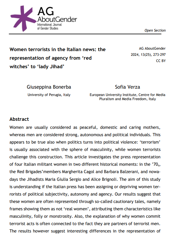 Sofia Verza (@sophia_verza) on Twitter photo How are #women #terrorists represented in the Italian press?👜 A trip since the Red Brigades to nowadays fighters joining Isis in Syria. Are women only friends and lovers of influential males or have political agency? with <a href="/GiusBonerba/">Giuseppina Bonerba</a> open access 👉 shorturl.at/oKMHv How are #women #terrorists represented in the Italian press?👜 A trip since the Red Brigades to nowadays fighters joining Isis in Syria. Are women only friends and lovers of influential males or have political agency? with <a href="/GiusBonerba/">Giuseppina Bonerba</a> open access 👉 shorturl.at/oKMHv
