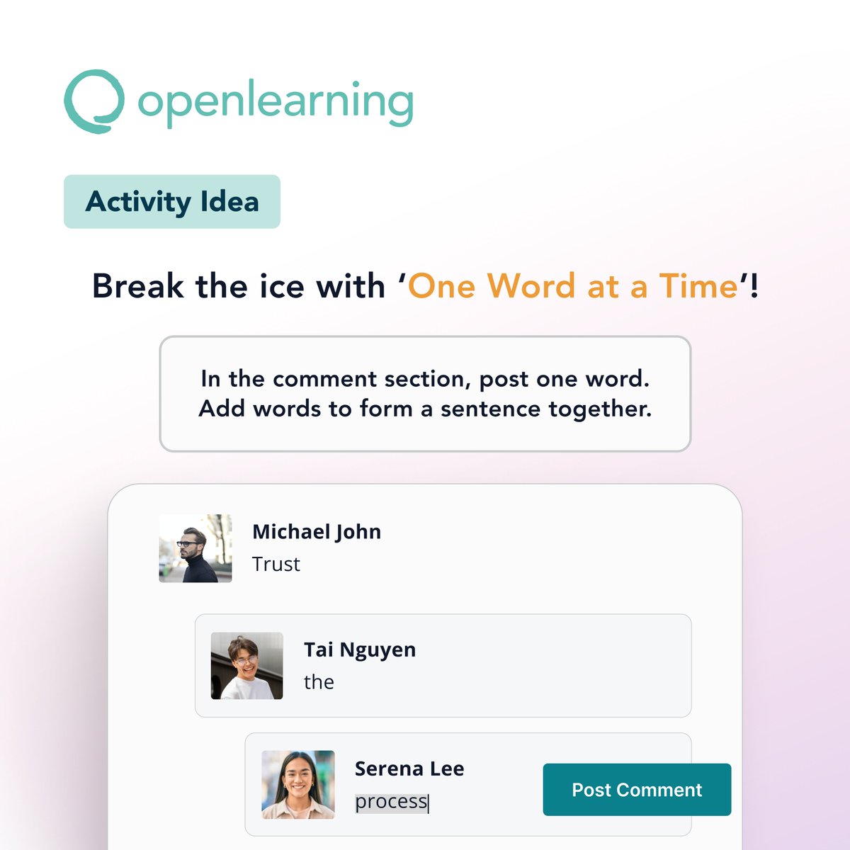 openlrning's tweet image. 🌟 Course creators: Looking for a fun and interactive activity idea for your online course? Try &quot;One Word at a Time&quot;! #onlinelearning #icebreaker #activityidea #onboarding #training #professionaldevelopment