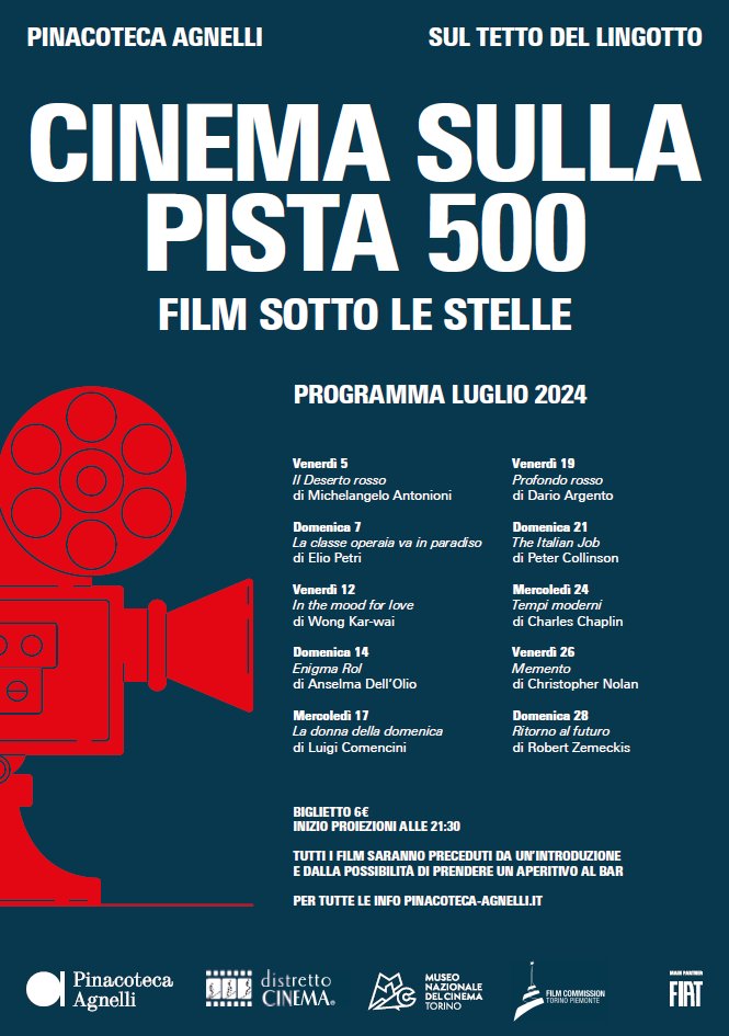 🎬 Dal 5 al 28 luglio, la <a href="/PinAgnelli/">Pinacoteca Agnelli</a> presenta "Cinema sulla Pista 500", una rassegna di film all'aperto curata da <a href="/distrettocinema/">distretto cinema</a>.

ℹ Info e programma: comune.torino.it/eventi/calenda…
#torino #torinotheplacetobe <a href="/turismotorino/">Turismo Torino</a>