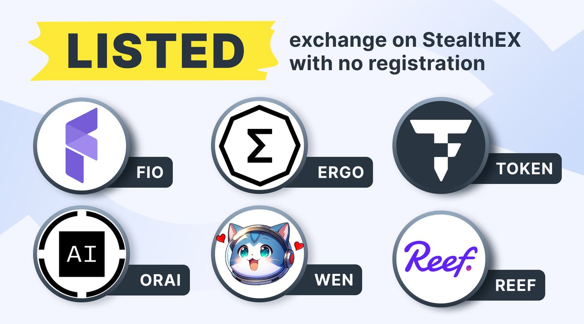 It's a great day to get some #crypto for your trading portfolio!

$FIO - <a href="/joinFIO/">FIO Protocol</a> 
$ERGO - <a href="/ergo_platform/">Ergo</a> 
$TOKEN - <a href="/tokenfi/">TokenFi</a> 
$ORAI - <a href="/oraichain/">Oraichain</a> 
$WEN - <a href="/wenwencoin/">Wen</a> 
$REEF - <a href="/Reef_Chain/">🐠 Reef</a> 

Get these assets right now buy swapping 1500+ assets on StealthEX.io custody-free