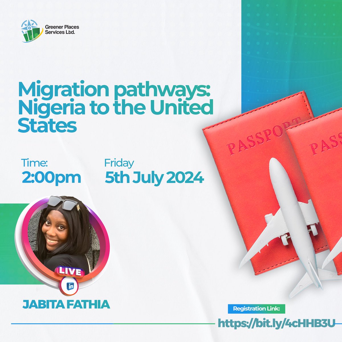 PlacesGreener's tweet image. 🌍✨ Ready for a life-changing journey? Join us on June 5th for an event by Greener Places! 🚀

Discover Migration Pathways: Nigeria to the US with Jabita Fathia.

📅 Date: 05/07/2024

🕒 Time: 2 PM - 3 PM (WAT)

🔗 Register: bit.ly/4cHHB3U

#MigrationPathways