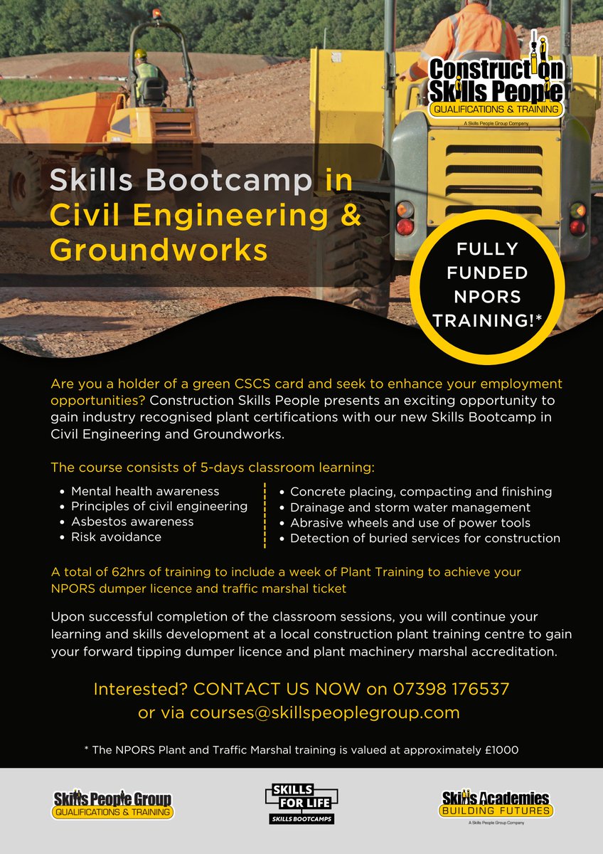 CSkillsPeople's tweet image. Are you an unemployed #cscsgreencard holder ready to reignite/elevate your career? Our new Skills Academies #SkillsBootcamp in #CivilEngineering &amp;amp; #Groundworks is the perfect chance! Gain industry-recognised plant certifications-secure your future in construction 📞07398 176537
