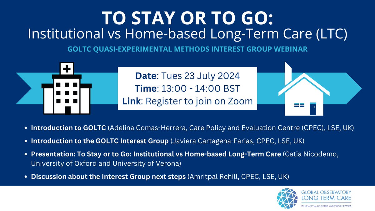GlobalObLTC's tweet photo. UPCOMING WEBINAR! π»
'To Stay or To Go: Institutional vs Home-Based Long-Term Care (LTC)' π‘
GOLTC Quasi-Experimental Methods Interest Group Webinar
Register now! π https://t.co/yqJbmh4FCG
#QuasiExperimentalMethods
#GOLTC https://t.co/GSo28Ttor5