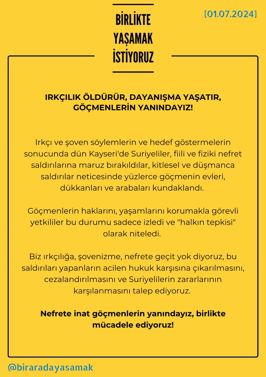 IRKÇILIK ÖLDÜRÜR, DAYANIŞMA YAŞATIR, GÖÇMENLERİN YANINDAYIZ!

Biz ırkçılığa, şovenizme, nefrete geçit yok diyoruz, bu saldırıları yapanların acilen hukuk karşısına çıkarılmasını, cezalandırılmasını ve Suriyelilerin zararlarının karşılanmasını talep ediyoruz.

#Kayseri