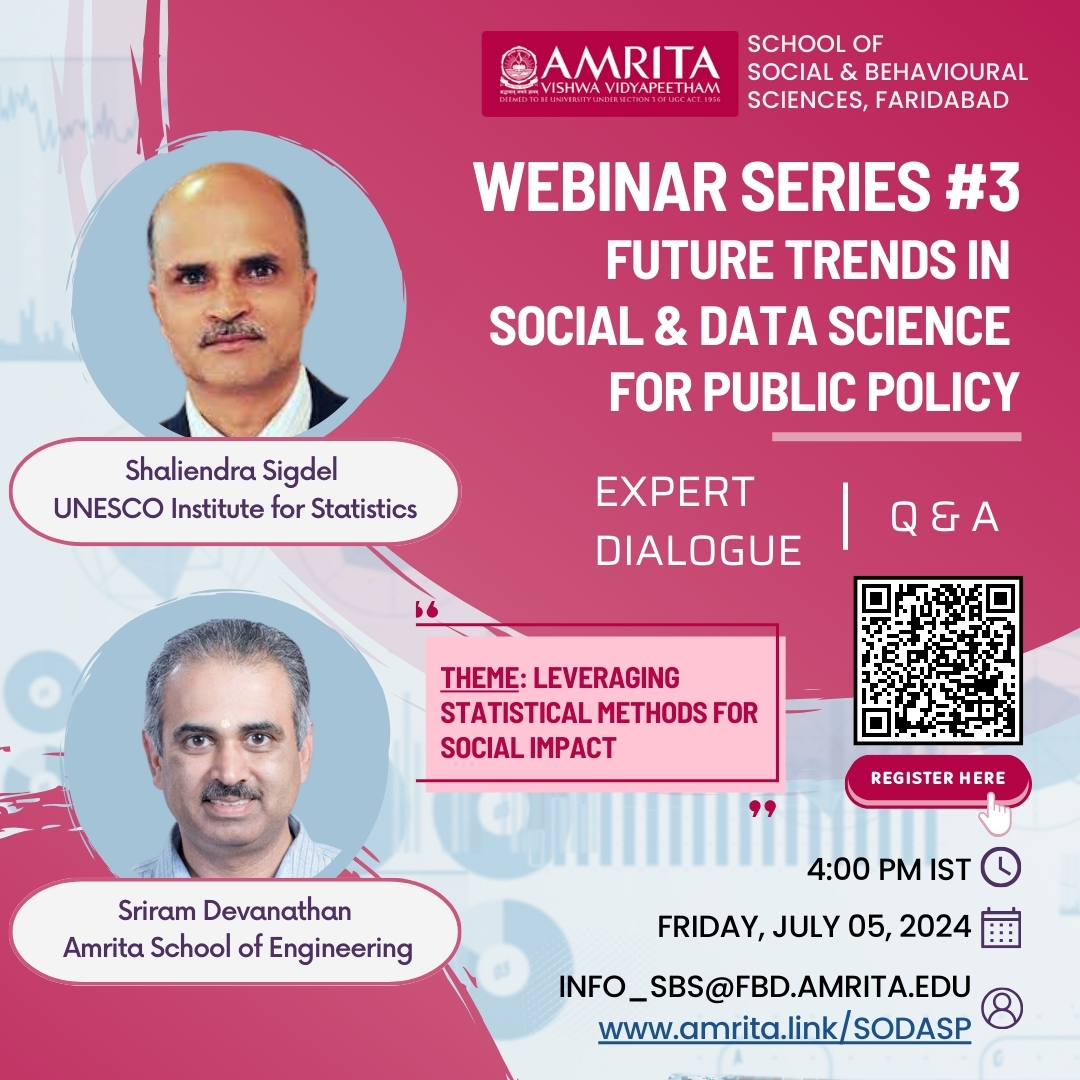 kschrisc's tweet image. UPCOMING WEBINAR: Interested in Social Data Science &amp;amp; Policy? Join July 5, 4-5pm IST for our latest webinar w/ Dr. Shailendra Sigdel, UNESCO Institute for Stats; &amp;amp; Dr. Sriram Devanathan, Amrita School of Engineering
Register: lnkd.in/ebagz9FN #socialdatascience #webinar