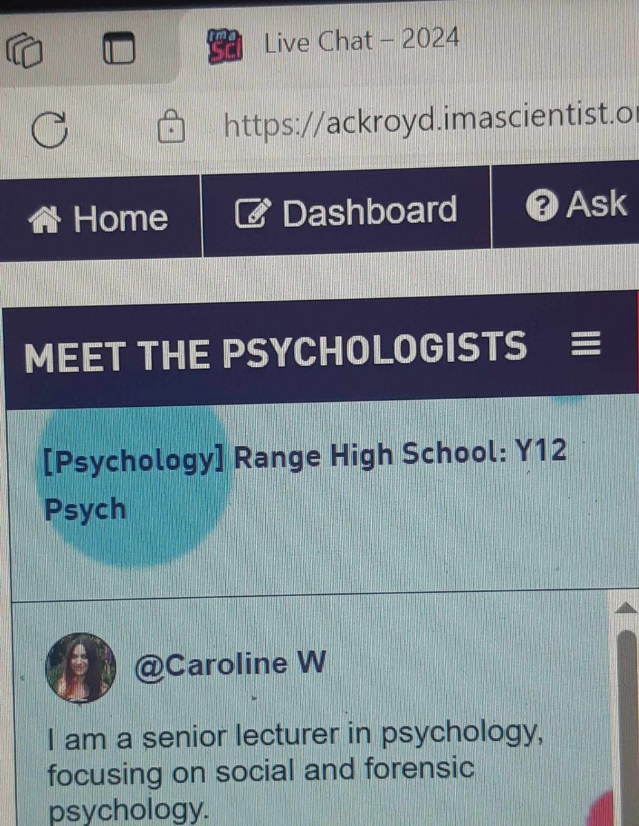 Dr Caroline Wesson (@cjwesson) on Twitter photo Great way to start the week! An online <a href="/imascientist/">I'm a Scientist Team</a> chat with year 12 students interested in psychology Great way to start the week! An online <a href="/imascientist/">I'm a Scientist Team</a> chat with year 12 students interested in psychology