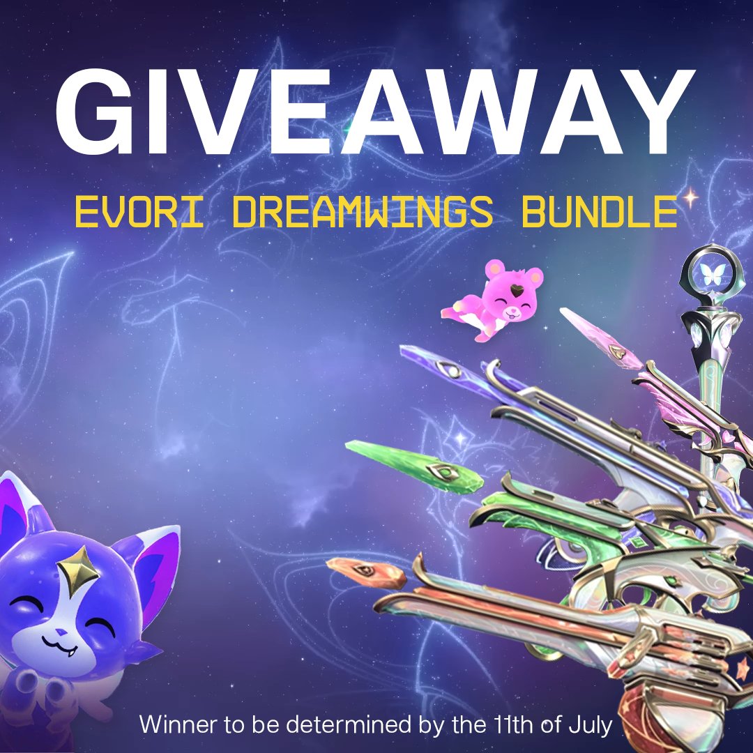 VALORANT Leaks & News (@valorantleaksen) on Twitter photo 🎁 VALORANT EVORI DREAMWINGS GIVEAWAY 🎁
1x Bundle - 1x Winner
How to enter:
- Follow @WALLHACKHQ + <a href="/VALORANTLeaksEN/">VALORANT Leaks & News</a>
- Like and RT the post
- Tag one friend
Ends on July 11th 🎁 VALORANT EVORI DREAMWINGS GIVEAWAY 🎁
1x Bundle - 1x Winner
How to enter:
- Follow @WALLHACKHQ + <a href="/VALORANTLeaksEN/">VALORANT Leaks & News</a>
- Like and RT the post
- Tag one friend
Ends on July 11th