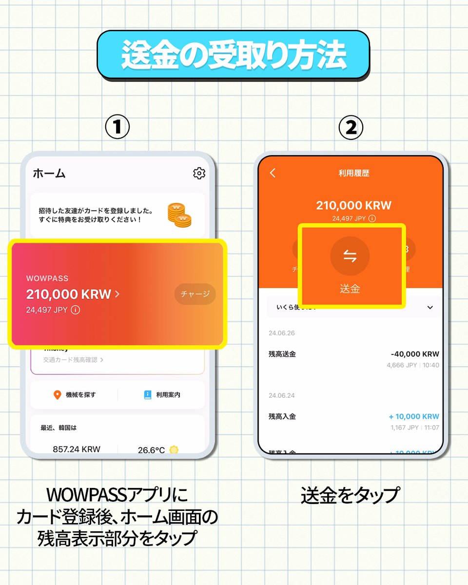 送金を受け取る方法💰】 ①ホームボタンの残高表示部分をタップ ②