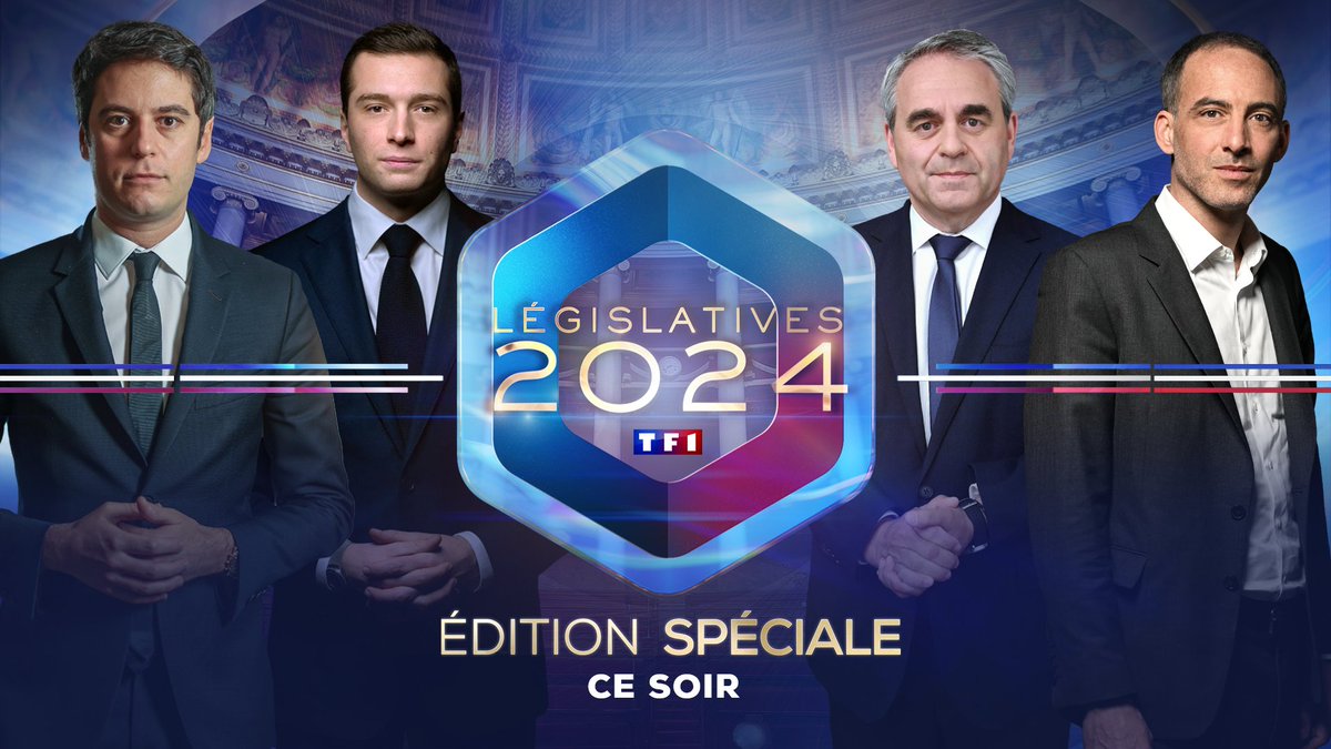 TF1Info (@tf1info) on Twitter photo 🔴𝐄́𝐝𝐢𝐭𝐢𝐨𝐧 𝐬𝐩𝐞́𝐜𝐢𝐚𝐥𝐞 #LE20H <a href="/TF1/">TF1</a>
#ElectionsLegislatives2024
𝐆𝐚𝐛𝐫𝐢𝐞𝐥 𝐀𝐭𝐭𝐚𝐥 <a href="/GabrielAttal/">Gabriel Attal</a>
𝐉𝐨𝐫𝐝𝐚𝐧 𝐁𝐚𝐫𝐝𝐞𝐥𝐥𝐚 <a href="/J_Bardella/">Jordan Bardella</a>
𝐗𝐚𝐯𝐢𝐞𝐫 𝐁𝐞𝐫𝐭𝐫𝐚𝐧𝐝 <a href="/xavierbertrand/">Xavier Bertrand</a>
𝐑𝐚𝐩𝐡𝐚𝐞̈𝐥 𝐆𝐥𝐮𝐜𝐤𝐬𝐦𝐚𝐧𝐧 <a href="/rglucks1/">Raphael Glucksmann</a>
Ce soir lundi 1er juillet 🔴𝐄́𝐝𝐢𝐭𝐢𝐨𝐧 𝐬𝐩𝐞́𝐜𝐢𝐚𝐥𝐞 #LE20H <a href="/TF1/">TF1</a>
#ElectionsLegislatives2024
𝐆𝐚𝐛𝐫𝐢𝐞𝐥 𝐀𝐭𝐭𝐚𝐥 <a href="/GabrielAttal/">Gabriel Attal</a>
𝐉𝐨𝐫𝐝𝐚𝐧 𝐁𝐚𝐫𝐝𝐞𝐥𝐥𝐚 <a href="/J_Bardella/">Jordan Bardella</a>
𝐗𝐚𝐯𝐢𝐞𝐫 𝐁𝐞𝐫𝐭𝐫𝐚𝐧𝐝 <a href="/xavierbertrand/">Xavier Bertrand</a>
𝐑𝐚𝐩𝐡𝐚𝐞̈𝐥 𝐆𝐥𝐮𝐜𝐤𝐬𝐦𝐚𝐧𝐧 <a href="/rglucks1/">Raphael Glucksmann</a>
Ce soir lundi 1er juillet