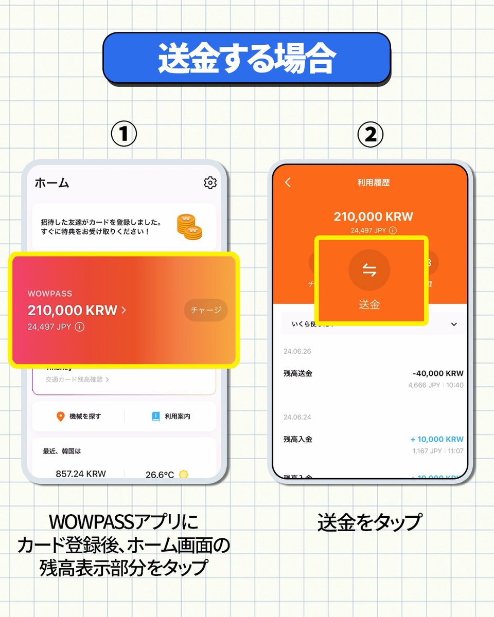 送金する方法💸】 ①ホームボタンの残高表示部分をタップ ②送金を