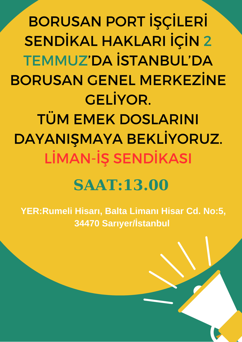 BASIN AÇIKLAMASINA DAVET
Sendikalaştıkları için işten atılan  Borusan Port işçilerinin Anayasal haklarının tanınması talebiyle 2 Temmuz’da saat : 13.00 da Borusan Holding önünde basın açıklaması gerçekleştirilecektir.
Tüm emek dostları davetlidir.
<a href="/ITFglobalunion/">International Transport Workers' Federation (ITF)</a> <a href="/ETF_Europe/">European Transport Workers' Federation</a>