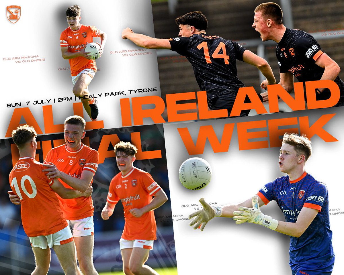 🏆ALL IRELAND FINAL WEEK!! 🏆

It is a huge week for the whole county as our minors are gearing up for our first All-Ireland Minor Football final in some years!! Best of luck lads! 

Now - let’s #BringTheOrange to Healy Park this weekend!!!

🆚 Doire
🗓️ Sun 7 July
⏰ 2pm
🏟️