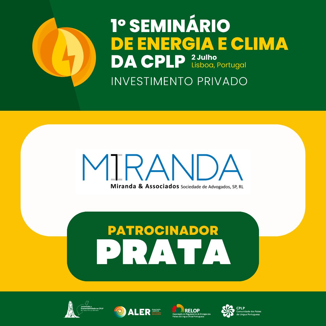 aler_energia's tweet image. 📣1st CPLP Energy and Climate Seminar has #MirandaAssociados as #SilverSponsor!

📑Renato Guerra Almeida, Partner at Miranda Law Firm, will be on the panel "The role of the #RegulatoryFramework in promoting #access to #Finance".

+INFO👉 bit.ly/4eBPkSV
