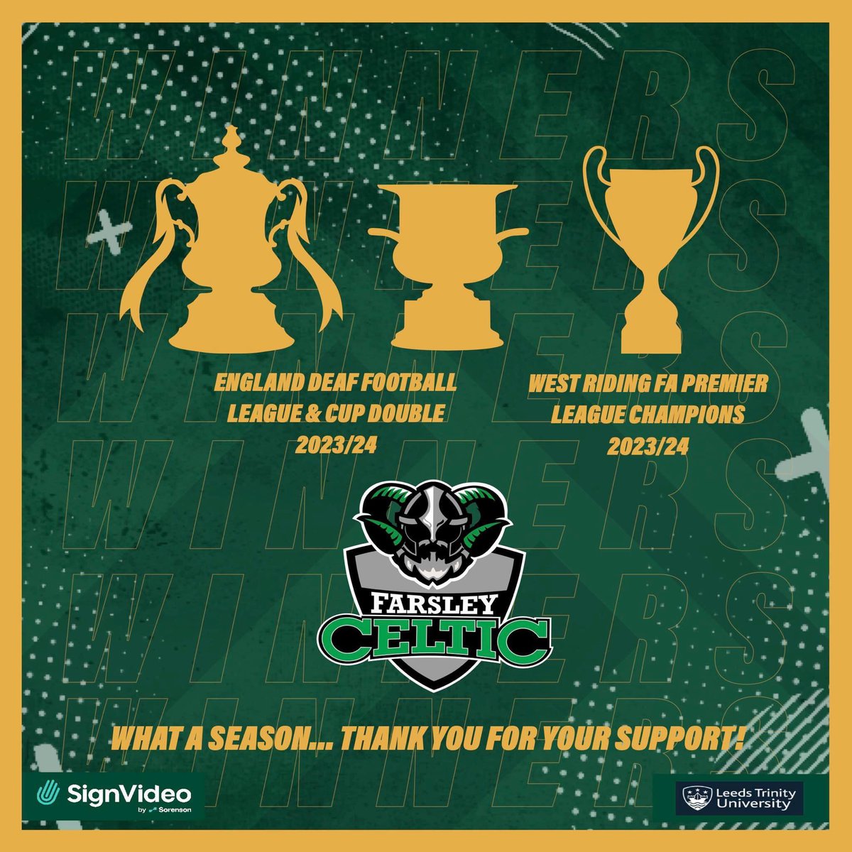 𝗪𝗛𝗔𝗧 𝗔 𝗦𝗘𝗔𝗦𝗢𝗡… 
England Deaf Football League and Challenge Cup double 2023/24 🏆🏆
West Riding FA Premier League Champions 2023/24 🏆
DCL 🥉 (Athens, Greece) 2023/24
EDF National Futsal champions 2023/24 🏆
EDF Youth Futsal Champions 2023/24 🏆
Thanks for your support