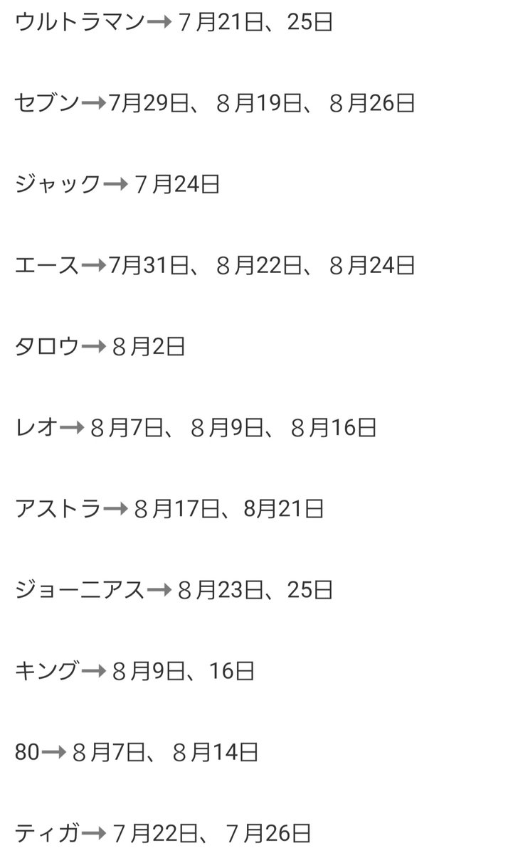 a_getu's tweet photo. ゼロ、アーク以外の各ウルトラマンがショットに来る日にちを分けてみました
(ざっと作ったので抜けてる可能性あるのでご了承ください🙇)

#ウルサマ https://t.co/L87dKDCBUT
