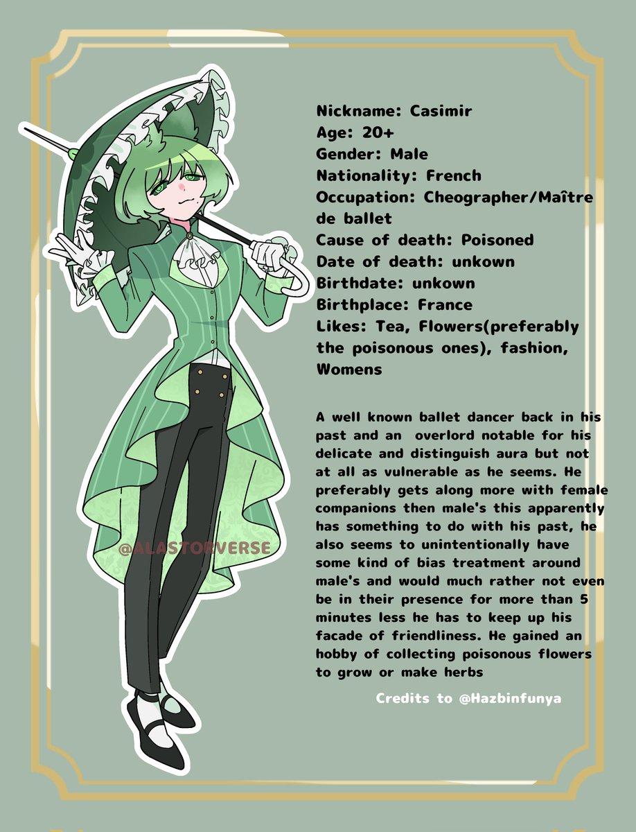 AlastorVerse's tweet photo. Casimir's character sheet
💚 #3palastor #alastor #HazbinHotelAlastor https://t.co/503Qzur36c