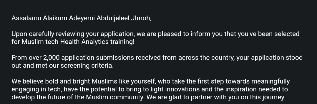 I'm excited to share that I've been selected for the data health analysis training with @muslimtechhub in partnership with <a href="/statsclinic/">Health Stats Clinic</a>.  Thanks for this opportunity! May Allah SWT continue to propell the community forward!