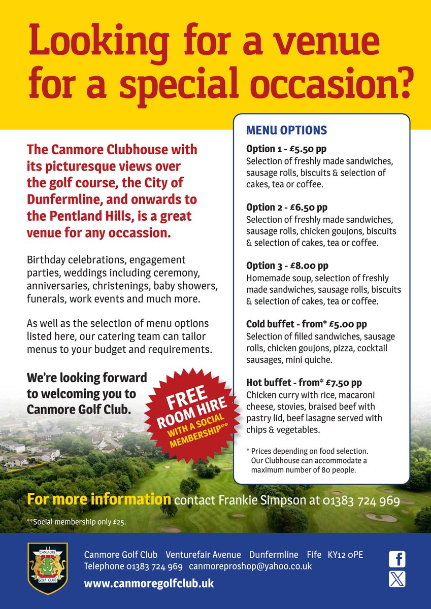 No matter the occasion we look forward to welcoming you and your guests to Canmore Golf Club.

Our Club House can cater for up to 80 people.

Our Catering Team will tailor menus to your requirements.

#golf #dunfermline