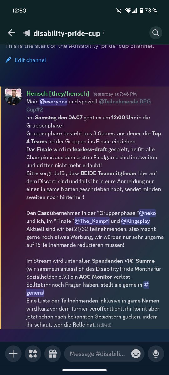 Hier noch ein paar Infos zum Disability Pride Gaming Cup Nummer 2!
Insgesamt 6 Games Arena, die 3 Finalspiele im fearless draft! 😳🔥
Meldet euch noch fleißig an, wir haben leider ein paar absagen bekommen und sind nur noch bei 21/32 Anmeldung!