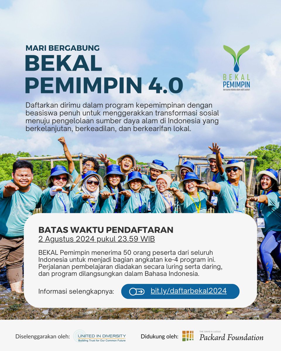 uidindonesia's tweet photo. PENDAFTARAN BEKAL PEMIMPIN 4.0 DIBUKA ✨
#UnitedInDiversity (UID) kembali mengundang pemimpin muda Indonesia mengikuti #BEKALPemimpin, program penguatan kapasitas kepemimpinan bagi para pelaku pengelolaan SDA Indonesia #UIDIndonesia #Fullyfunded #Scholarship https://t.co/0T6Vzs72cc