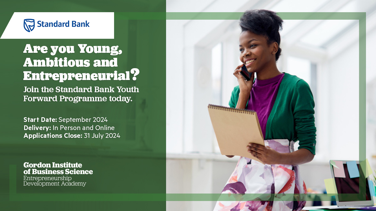The Standard Bank Youth Forward Programme
Join our exclusive Masterclass Series and take your business to new heights! Gain essential business skills, expand your customer base, and connect with funding opportunities. 
Apply Now: bit.ly/3xDm9y4
Deadline: 31 July 2024