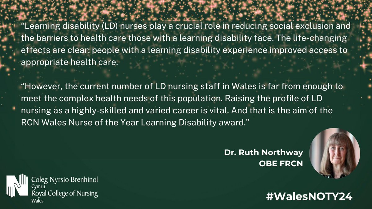 Royal College of Nursing Wales (@rcnwales) on Twitter photo The <a href="/RCNWales/">Royal College of Nursing Wales</a> Nurse of the Year Learning Disabilities Award aims to raise the profile of learning disability nursing as a highly skilled and varied career.
Find out more about the award and nominate now: bit.ly/3z8Tn92
#WalesNOTY24 <a href="/NorthwayRuth/">Ruth Northway RN(LD) FRCN FLSW, FQNI</a> The <a href="/RCNWales/">Royal College of Nursing Wales</a> Nurse of the Year Learning Disabilities Award aims to raise the profile of learning disability nursing as a highly skilled and varied career.
Find out more about the award and nominate now: bit.ly/3z8Tn92
#WalesNOTY24 <a href="/NorthwayRuth/">Ruth Northway RN(LD) FRCN FLSW, FQNI</a>