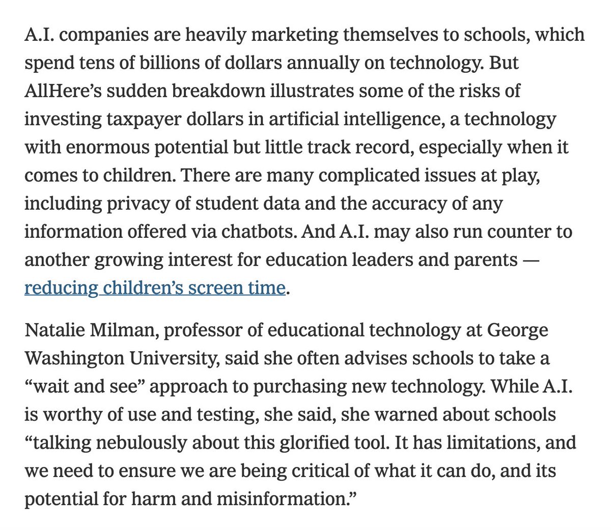 LA schools invested millions in an AI chatbot for students, overlooking the volatility of edtech startups reselling generative AI. Now the company's collapse raises questions about giving children access to chatbots in edu.  NYT👇 Alt text.