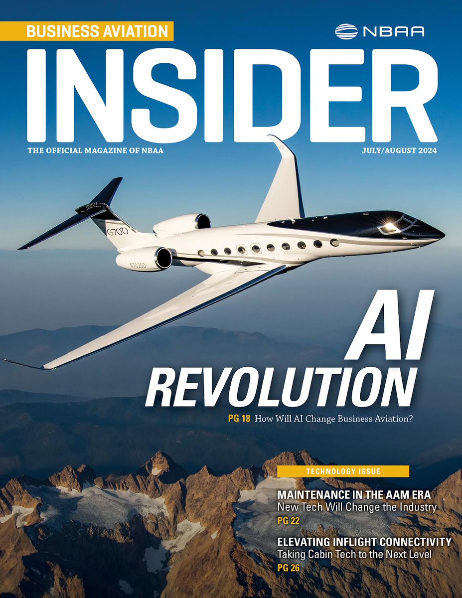 NBAA's tweet image. The Tech Issue of NBAA's Business Aviation Insider explores AI's rapid expansion and its impact on business aviation. Learn how aviation maintenance roles may evolve with advanced air mobility aircraft and get expert tips on improving onboard connectivity. nbaa.org/news/business-…