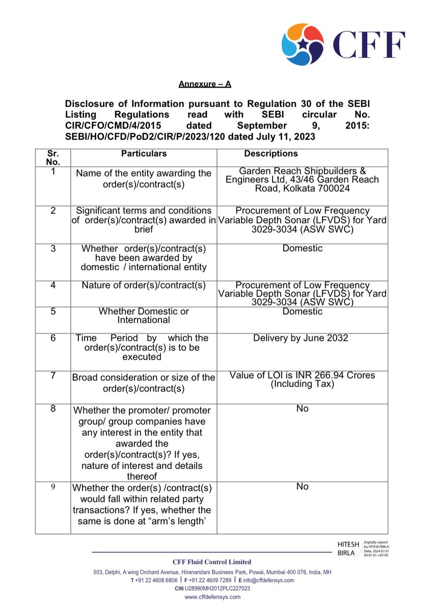 Anvith_'s tweet image. 💯% bro… soon… 😎

🚢 CFF Fluid secures order worth ₹ 266.94 Cr from Garden Reach Shipbuilders - Kolkata. 🔥 

#CFF #CFFfluidControl