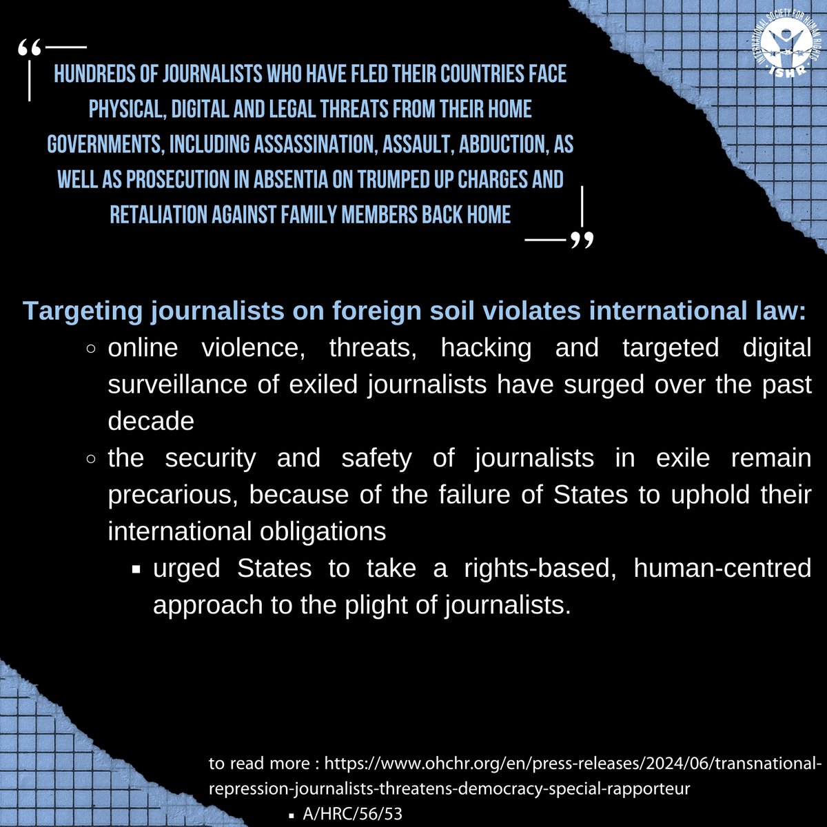 IS_HumanRights's tweet photo. Journalists in exile play a critical role in democracy by uncovering the truth and holding power to account. It is essential that they are protected and provided with the necessary support to continue their work without fear of persecution.
#exiledjournalists #pressfreedom https://t.co/6p6U1GElPR