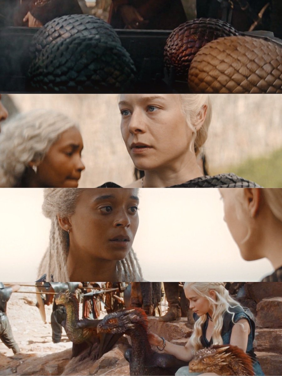 “Should all come to ruin here, you will bear our hope for the future”

—— Geeta Patel confirms the three dragon eggs Rhaenyra gave to Rhaena are Queen Daenerys’ dragons, Drogon, Rhaegal &amp; Viserion. Thus, Lady Rhaena protected the future of House Targaryen ❤️🔥

#HouseOfTheDragon