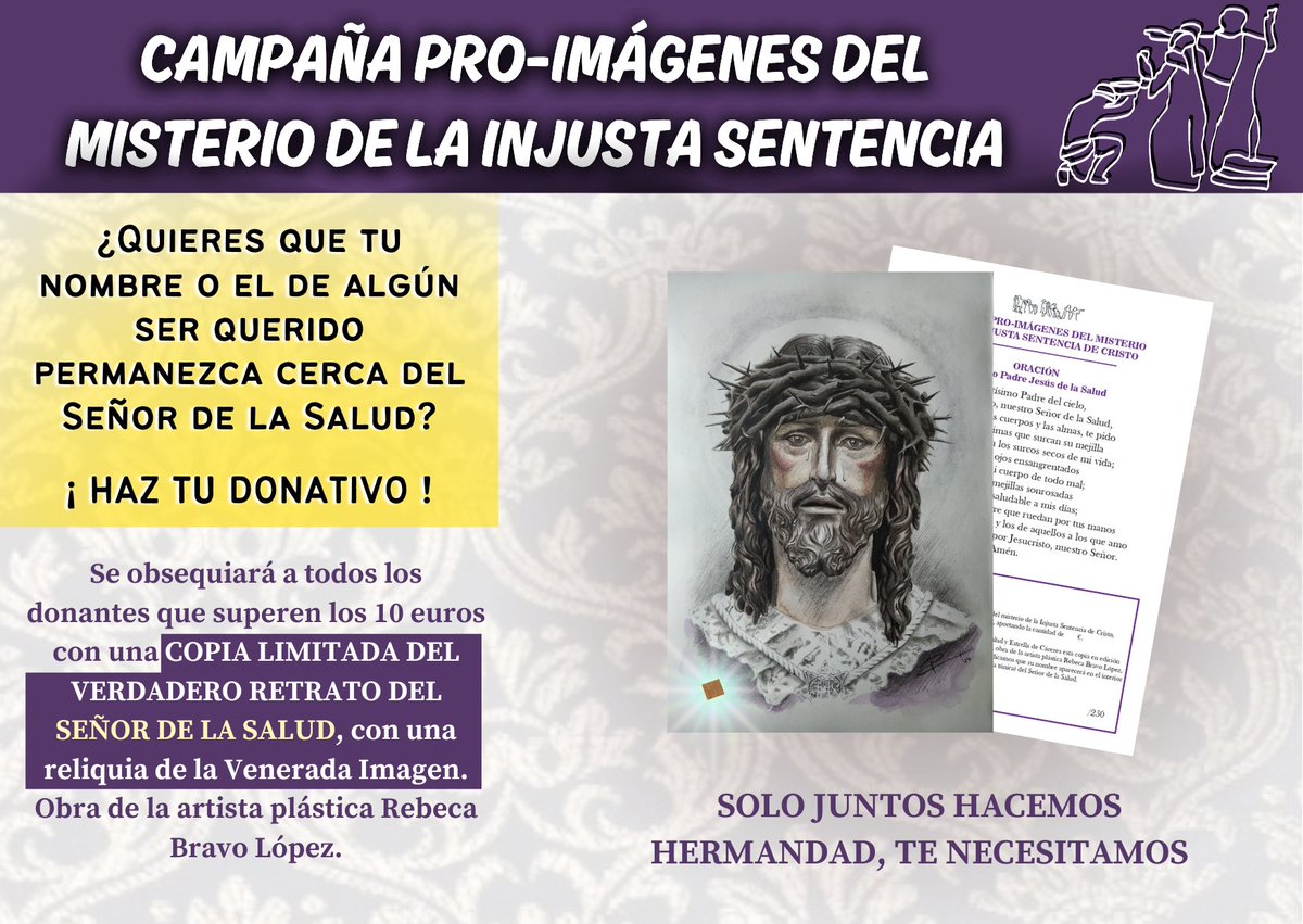 ⚠️ Este jueves día 4 se abrirá la Casa Hermandad de 18.30h a 20.30h para continuar con la campaña del misterio del Señor de la Salud #InjustaSentencia.

Recordamos la dirección: C/ Sanguino Michel N°23 1°D.